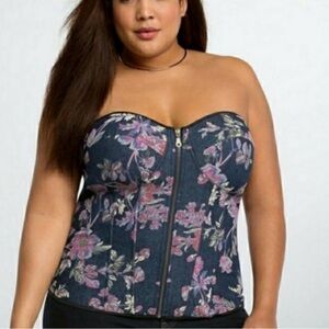 Torrid Denim Corset Top Womens L Floral Full Zip Front Lace Up Back Bustier Top